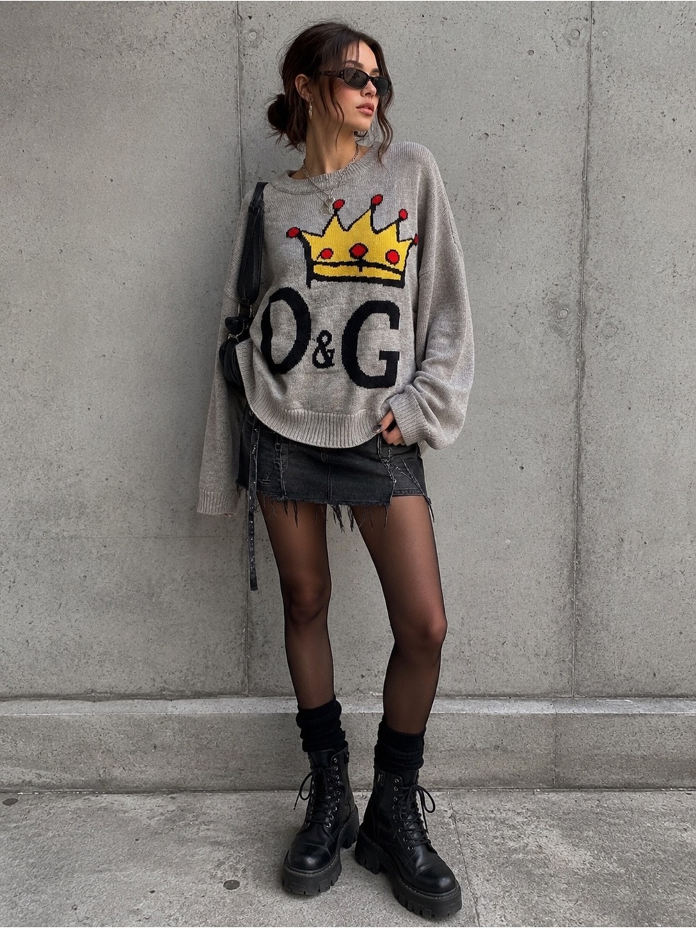 Crown Graphic Oversized Knit Sweater Y2K Indie Sleaze Streetwear